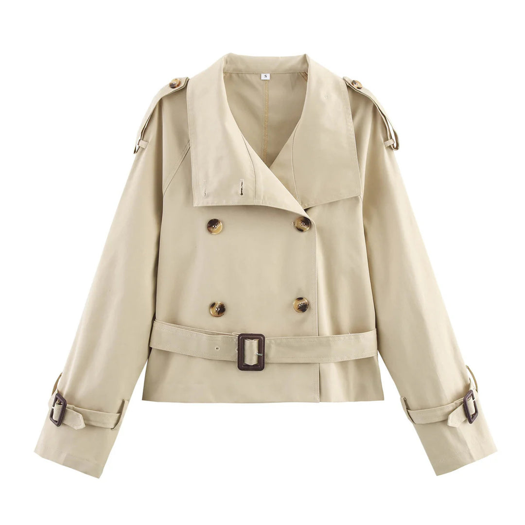 Damen kurz geschnittener Trenchcoat im Cropped-Stil mit doppelreiher, Schulterklappen und Taillengürtel – Montévia