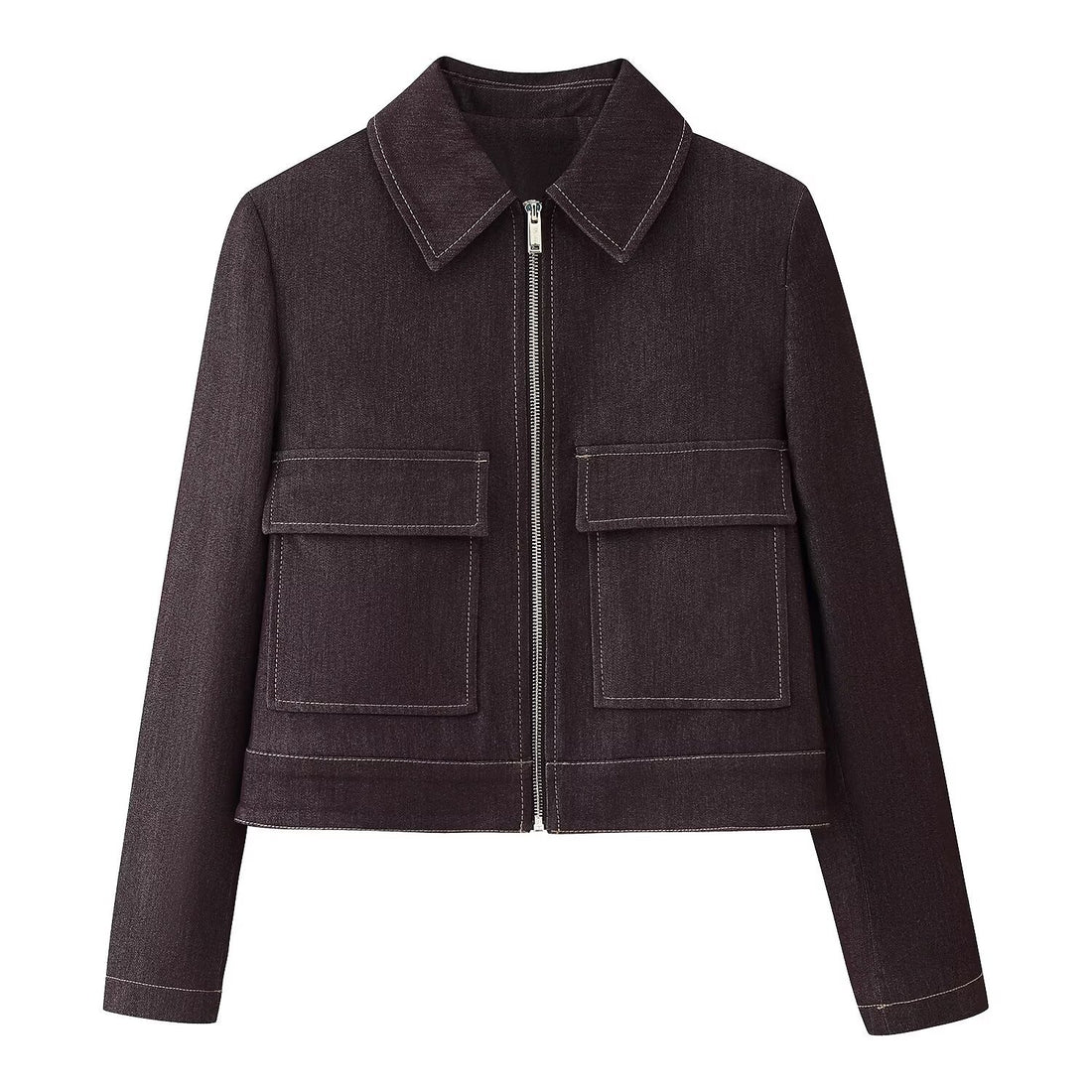 Damen Kurze Boxy-Jeansjacke mit durchgehendem Reißverschluss und aufgesetzten Klappentaschen Echoarchiv