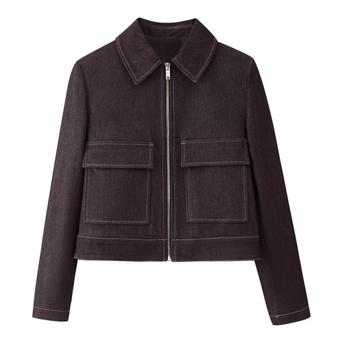 Damen Kurze Boxy-Jeansjacke mit durchgehendem Reißverschluss und aufgesetzten Klappentaschen Echoarchiv