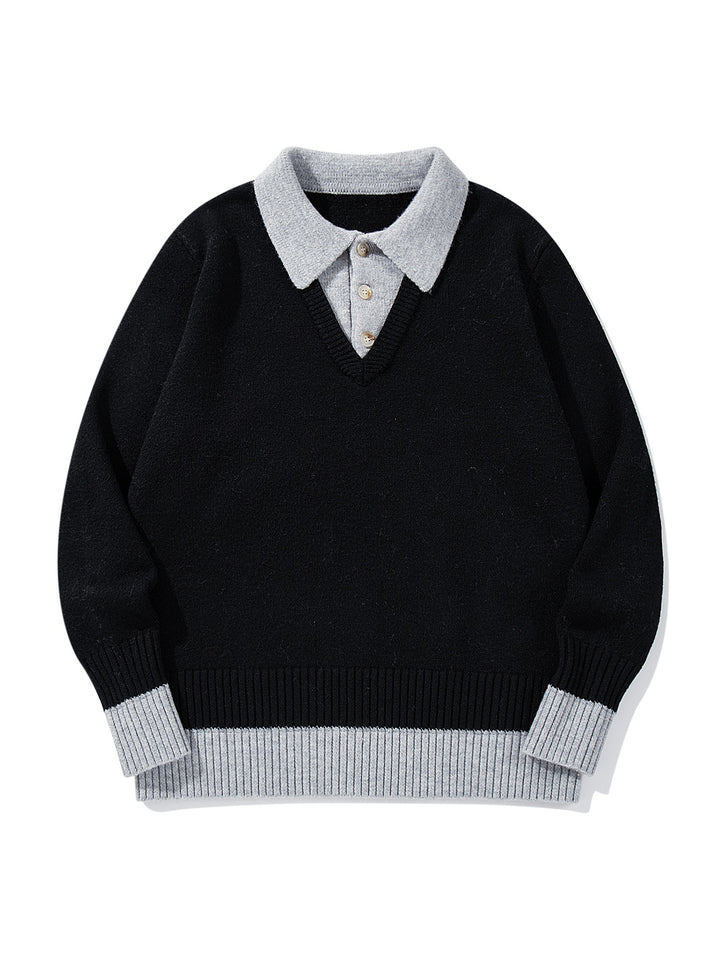 Herren Polokragen-Strickpullover mit Knopfleiste und kontrastierten Bündchen Echoarchiv