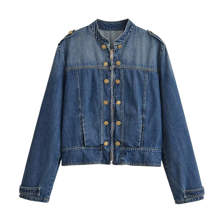 Damen Jeansjacke im Military‑Stil mit Stehkragen, doppelter Zierknopfleiste und Schulterklappen Echo Archiv