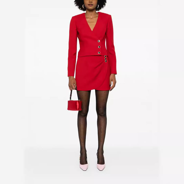 Damen Zweiteiliger Blazer-Top mit V‑Ausschnitt und Wickel-Minirock im Tailoring-Look Echoarchiv