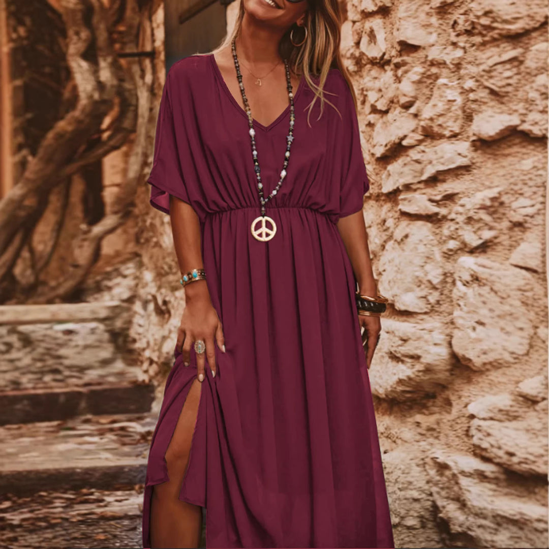 Damen Langes Boho‑Maxikleid mit V‑Ausschnitt, weiten Fledermausärmeln und hohem Beinschlitz Echoarchiv