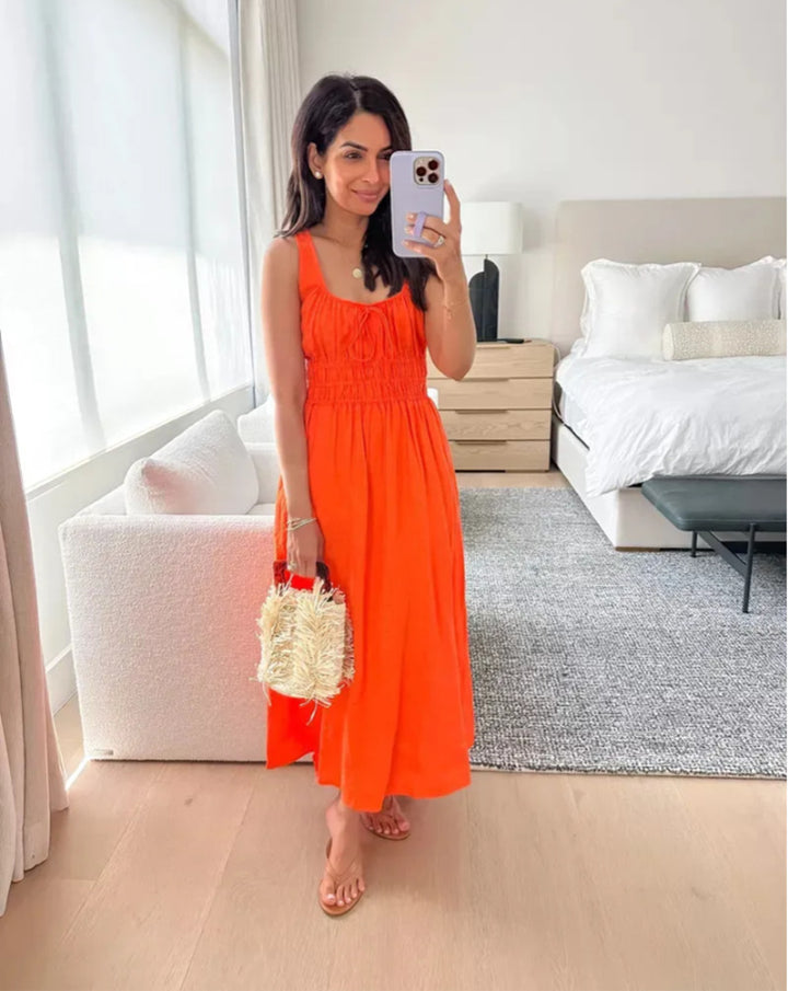 Damen nan midilanges Leinenoptik-Kleid mit Smokoberteil, elastischer Taillenpasse und breiten Trägern Echo Archiv