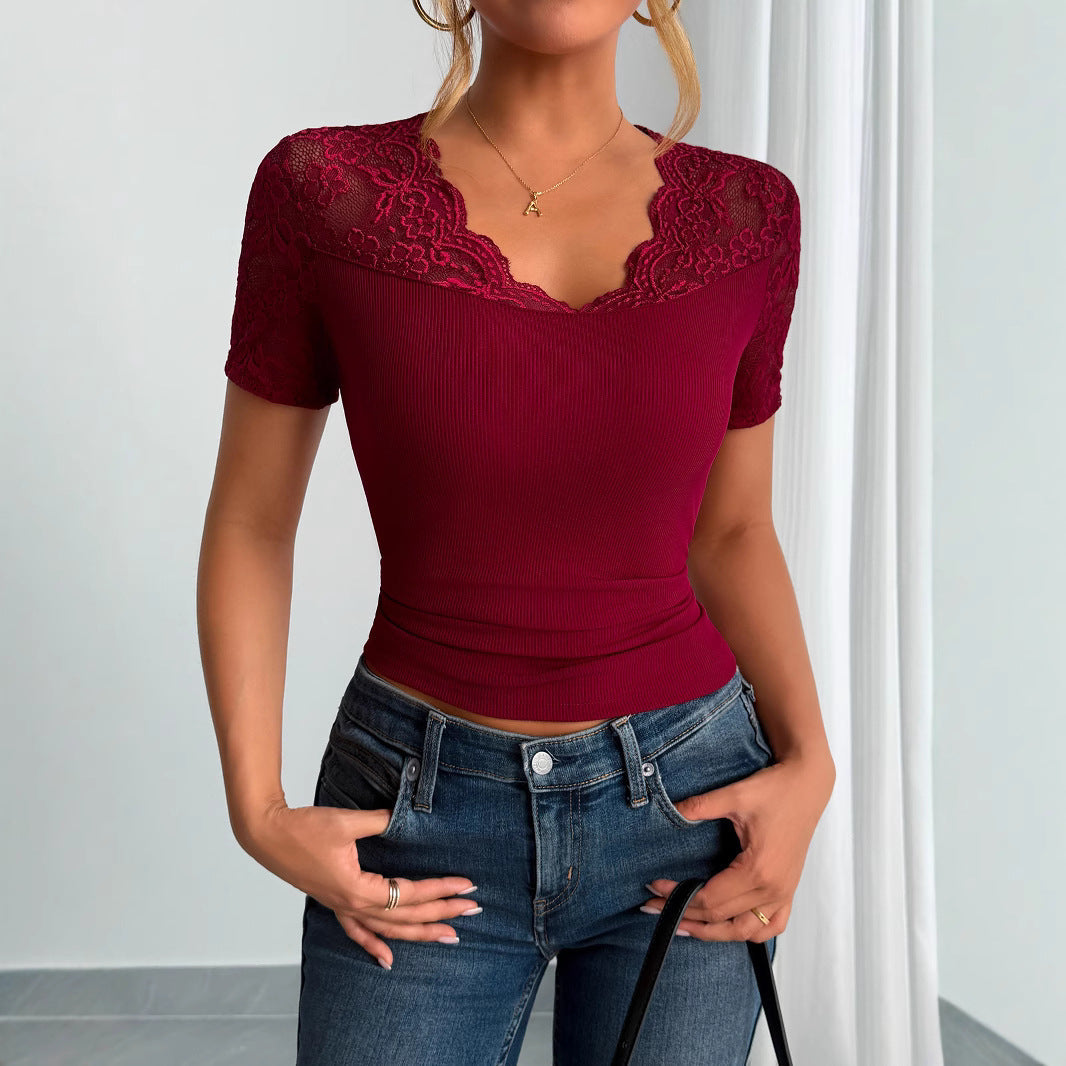 Damen Spitzen-Crop-Top mit elegantem Rundhalsausschnitt Echoarchiv