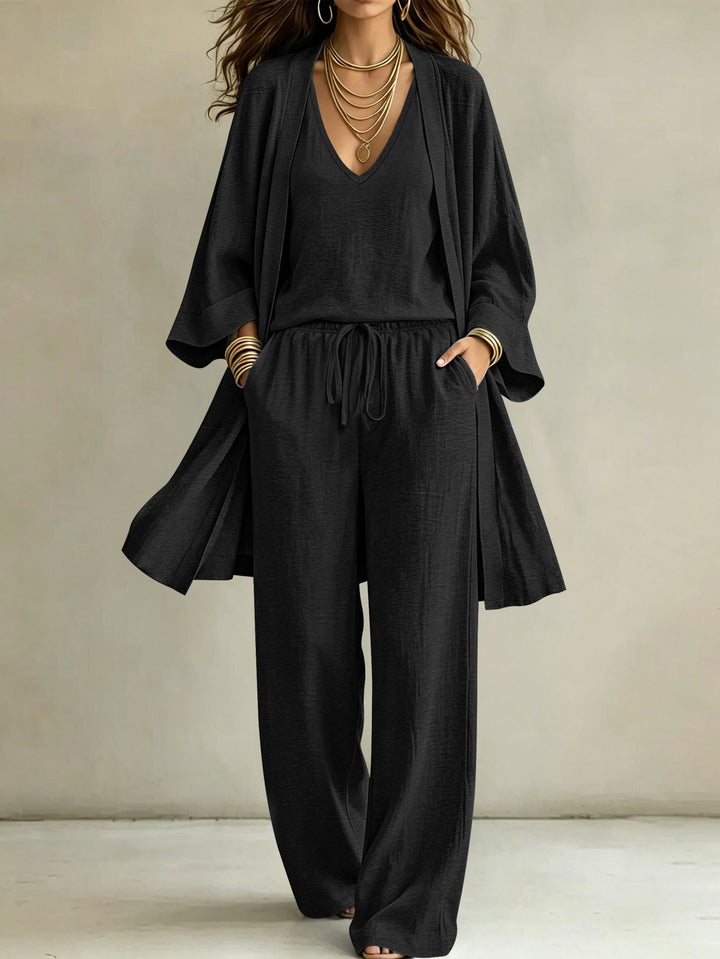 Damen Leichtes Lounge-Set mit Kimono-Cardigan, V‑Ausschnitt-Top und weitem Kordelbund-Hose – Élanora