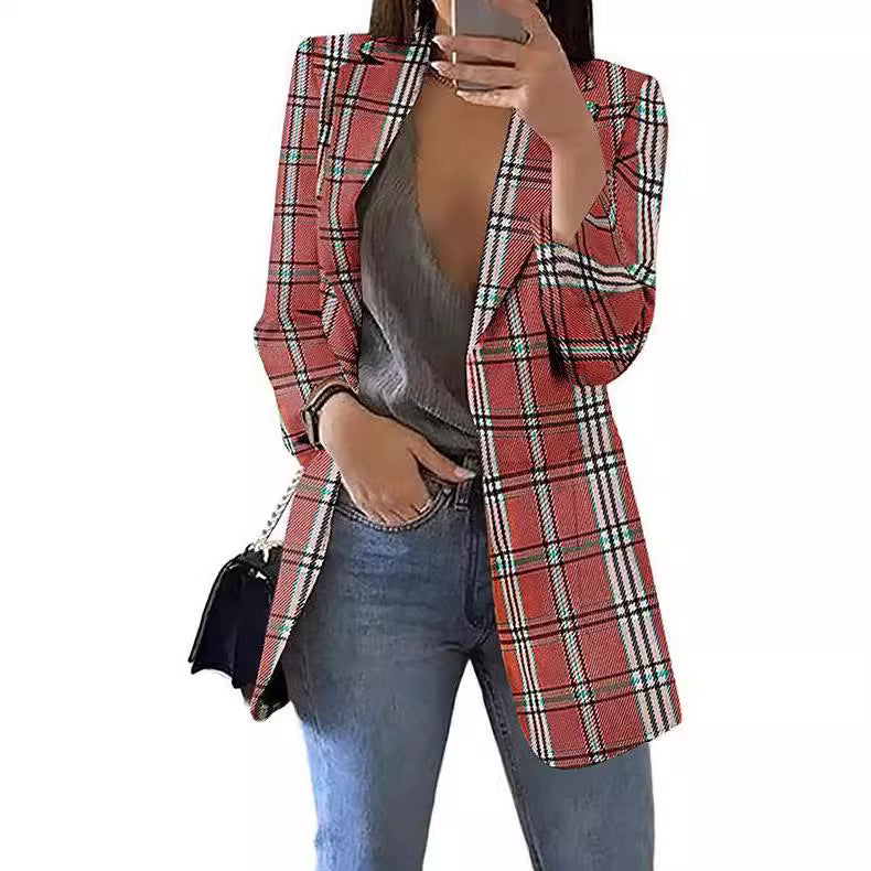 Damen nan taillierter Karoblazer Longline mit strukturierter Schulterpartie und offener Front Echo Archiv