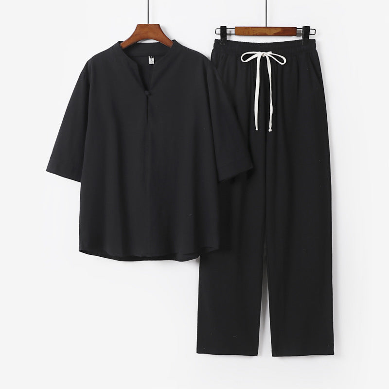Unisex Lockeres Lounge-Set mit Stehkragen-Halbarmshirt und Elastischer Bundhose Echoarchiv