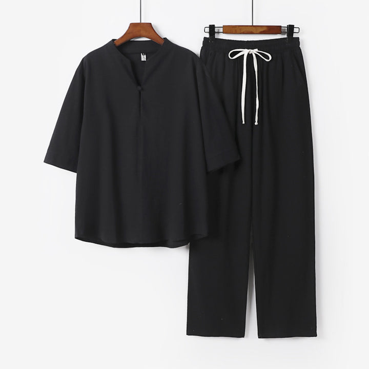 Unisex Lockeres Lounge-Set mit Stehkragen-Halbarmshirt und Elastischer Bundhose Echoarchiv