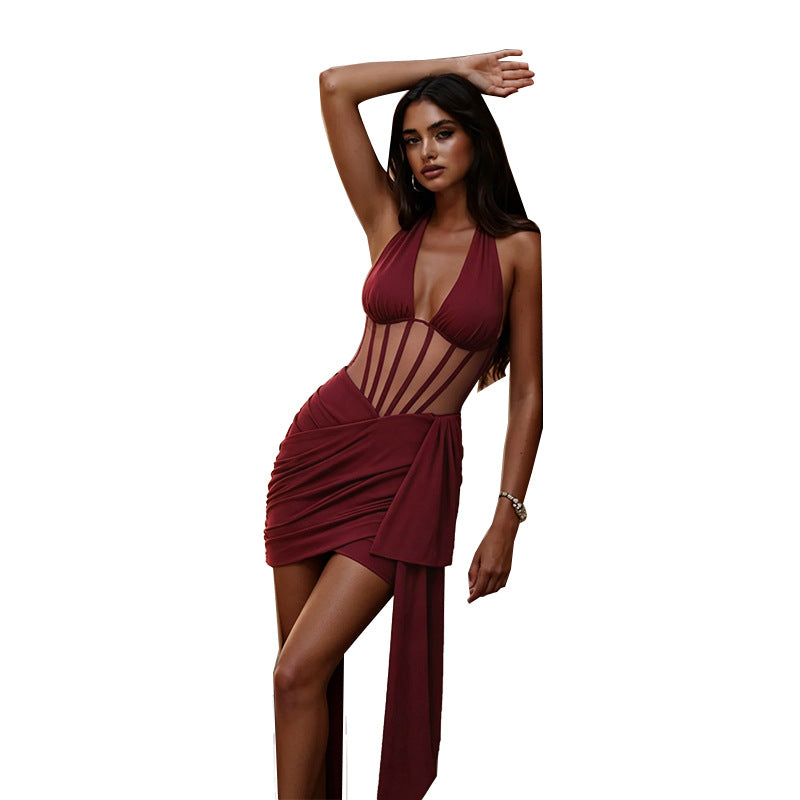 Damen verführerisches Bodycon-Kleid mit tiefem V-Ausschnitt und Rüschendetail Echo Archiv