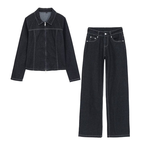 Damen High-Waist Jeanshose mit weitem Bein und Kontrastnähten Echoarchiv