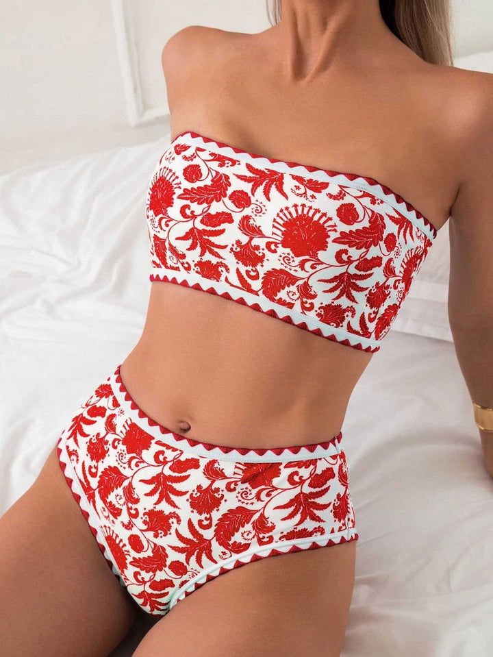 Damen Bandeau-Bikini-Set mit farbenfrohem floralen Muster und elastischem Gürtel Echo Archiv