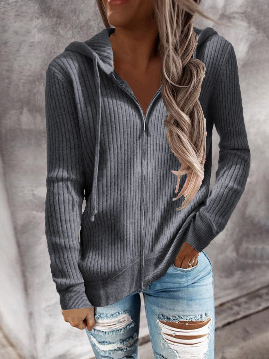 Damen Gerippter Kapuzenpullover mit Reißverschluss und Eingrifftaschen Echoarchiv
