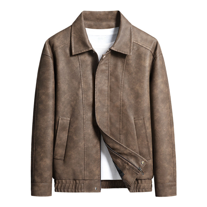 Herren Kurz geschnittene Kunstlederjacke im Vintage‑Look mit Hemdkragen & durchgehendem Reißverschluss Echoarchiv