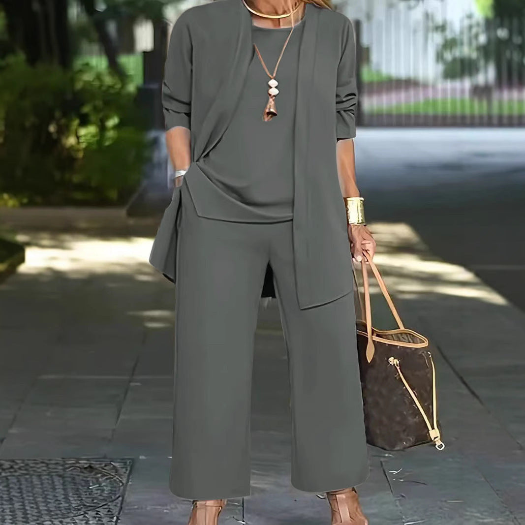 Damen Elegantes Zweiteiler-Set mit offenem Longcardigan, ärmellosem Top und weiter Palazzo-Hose – Élanora