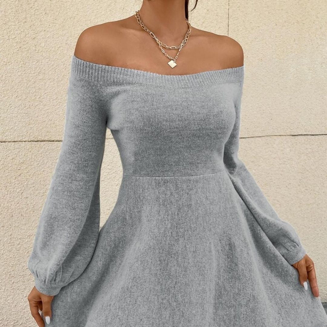 Damen Schulterfreies Feinstrick-Kleid mit taillierter Passform und Ballonärmeln Echoarchiv