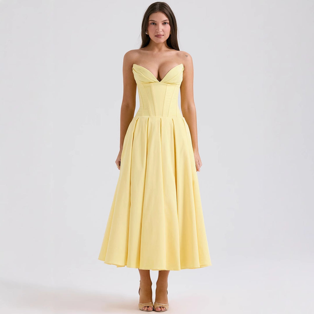 Damen nan trägerloses Korsett-Midikleid mit vorgeformter Miederkonstruktion und ausgestelltem Tellerrock Echo Archiv