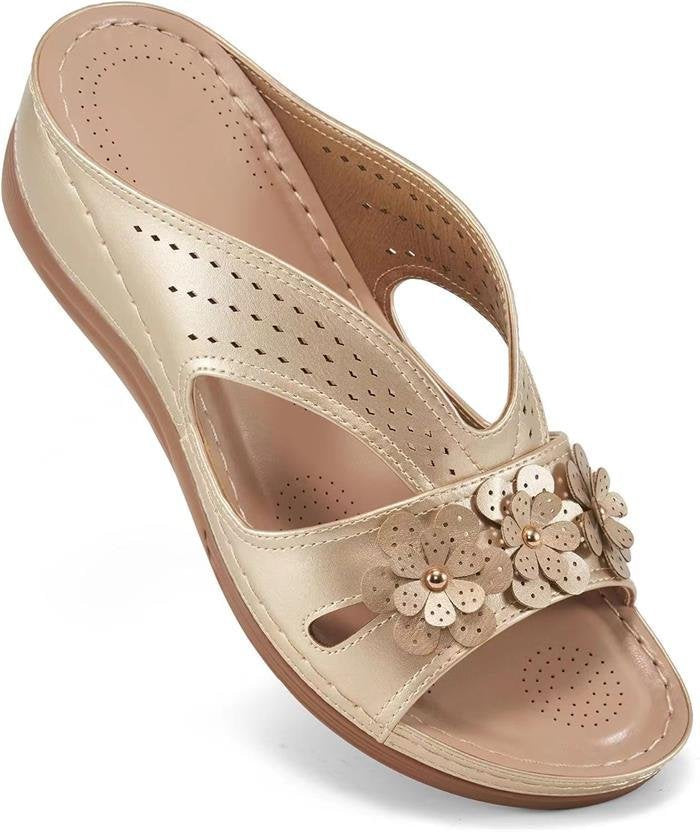 Damen Bequeme Pantoletten mit Blumenapplikation und orthopädischer Dämpfung – Sorelia