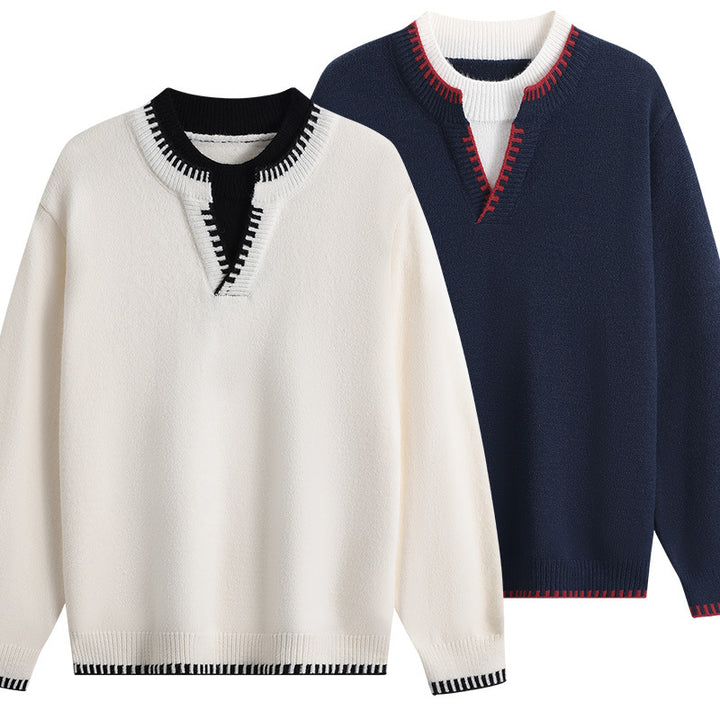 Unisex Oversize-Feinstrickpullover mit V-Notch & kontrastiertem Rippenkragen Echoarchiv