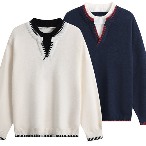 Unisex Oversize-Feinstrickpullover mit V-Notch & kontrastiertem Rippenkragen Echoarchiv
