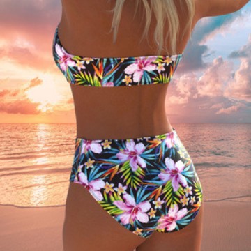Damen Bandeau-Bikini-Set mit hochgeschnittenem Höschen und tropischem Blütenmuster Echo Archiv