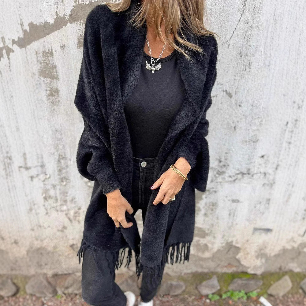 Damen nan langer kuscheliger Fransen-Cardigan mit Schalkragen und Oversize-Passform Echo Archiv