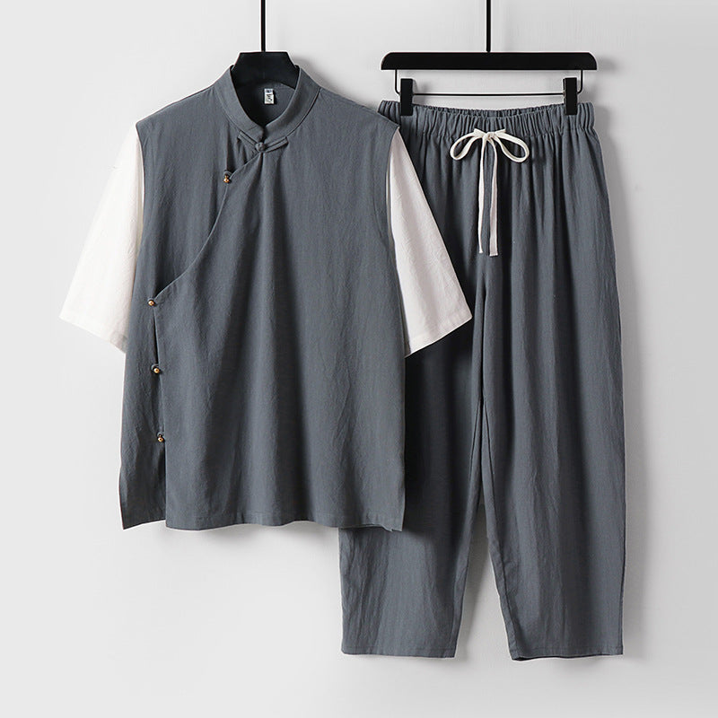 Herren Asymmetrisches Kimono-Loungewear-Set mit Stehkragen und Kordelhose Echoarchiv