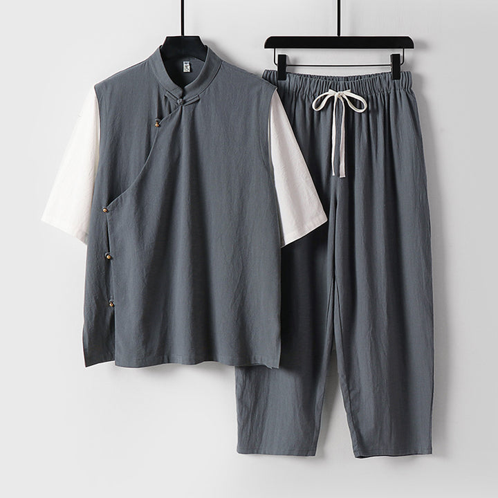 Herren Asymmetrisches Kimono-Loungewear-Set mit Stehkragen und Kordelhose Echoarchiv