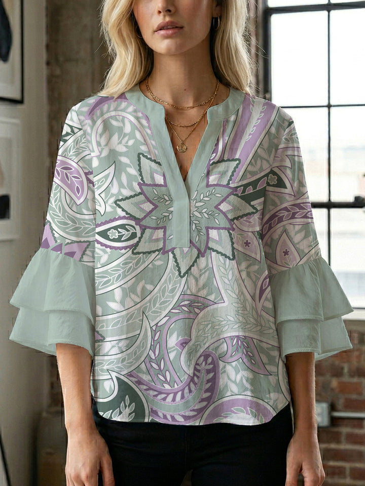 Damen Bluse mit voluminösen Rüschenärmeln und kreativem Floraldesign Echo Archiv