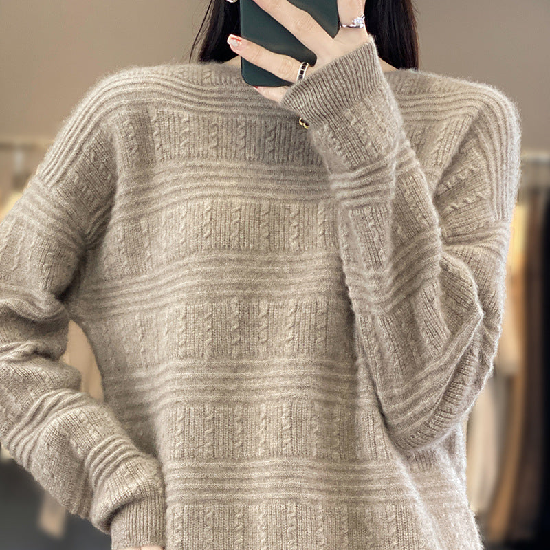 Damen Oversize-Feinstrickpullover mit Strukturblöcken, Mohair‑Look und Rundhalsausschnitt Echoarchiv