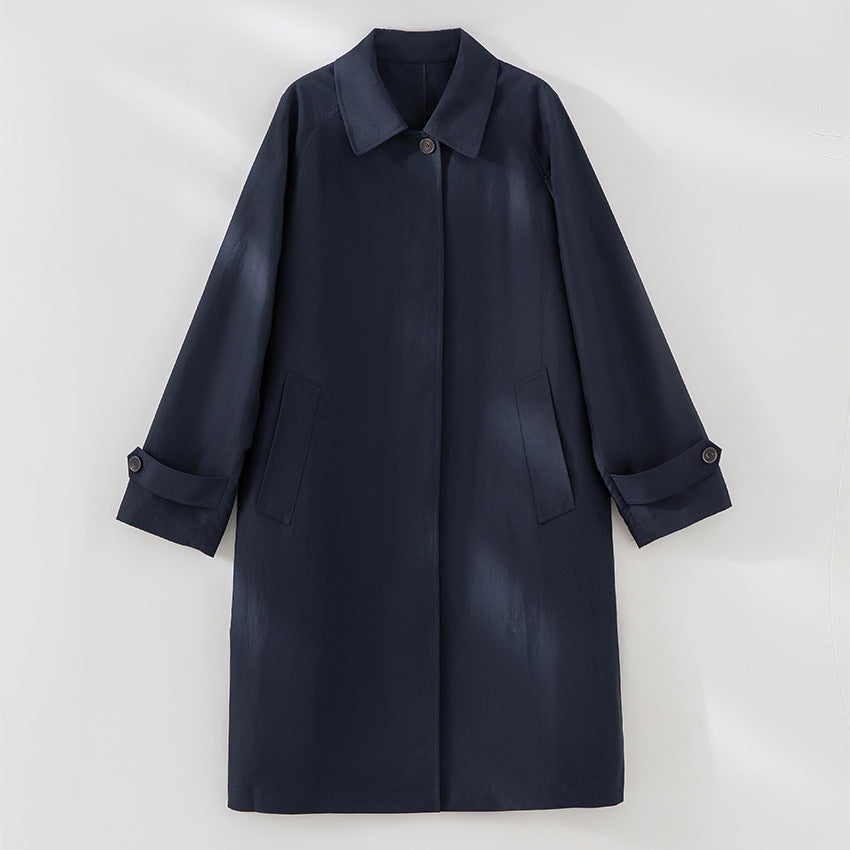 Damen Langer minimalistischer Trenchcoat mit verdeckter Knopfleiste und verstellbaren Manschetten Echoarchiv