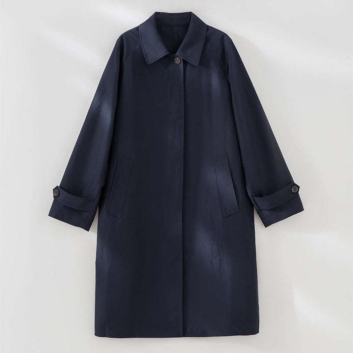 Damen Langer minimalistischer Trenchcoat mit verdeckter Knopfleiste und verstellbaren Manschetten Echoarchiv