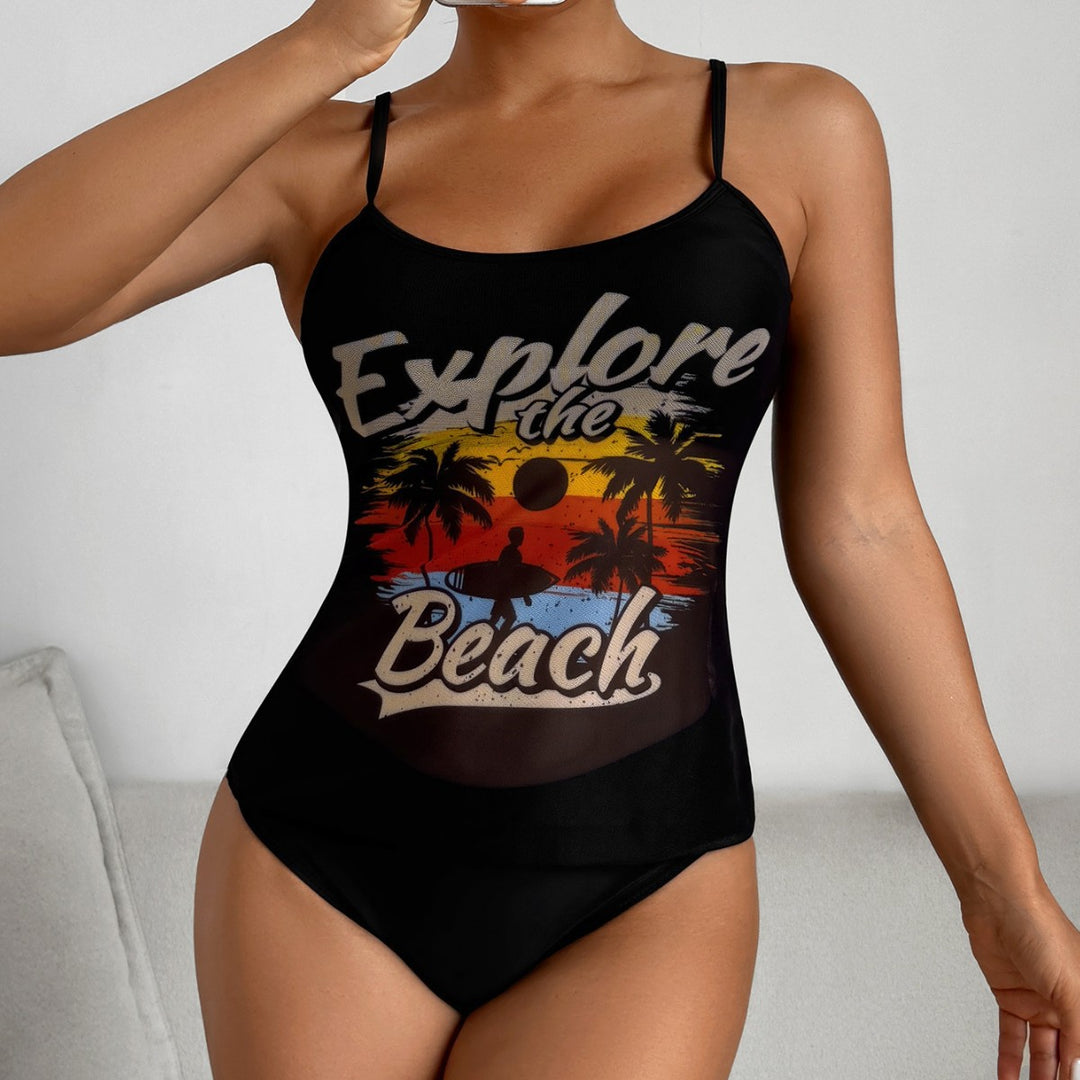 Damen Tankini-Set mit sportlichem Grafikdesign und hoch tailliertem Höschen Echo Archiv