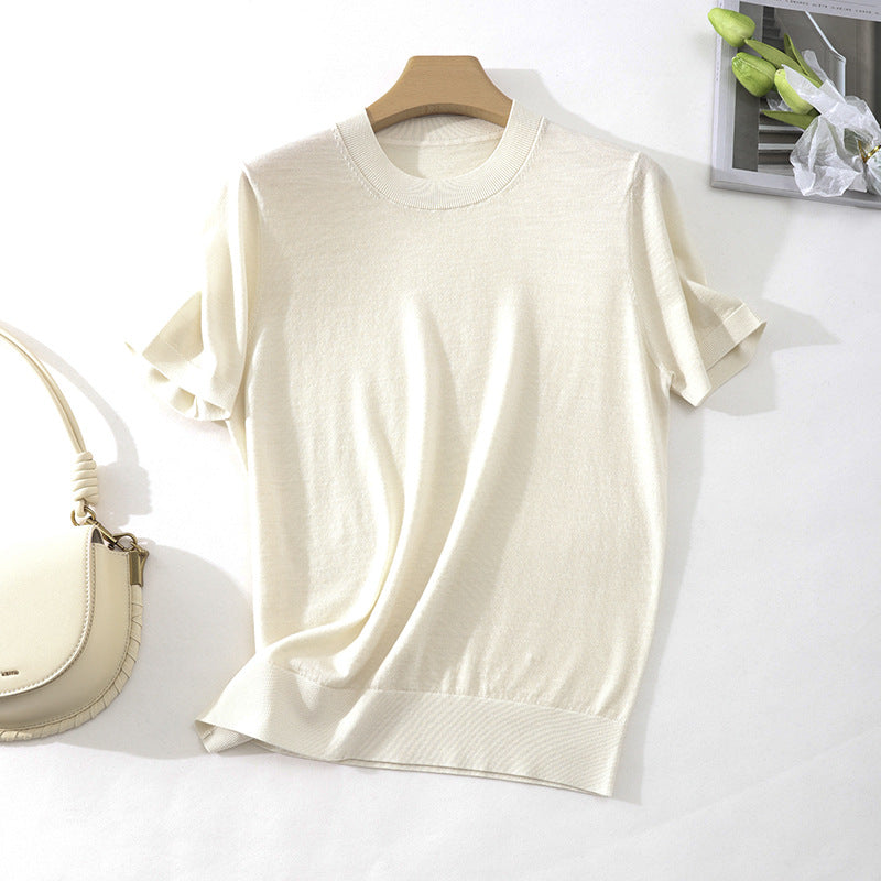 Damen Leichtes Kurzarm-Stricktop aus feinem Jersey mit Rundhals und Saumblende Echo Archiv