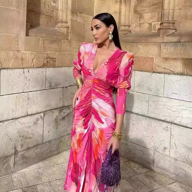 Damen 40+ Maxikleid mit tiefem V‑Ausschnitt, geraffter Taillenpartie und dezenten Puffärmeln Echo Archiv