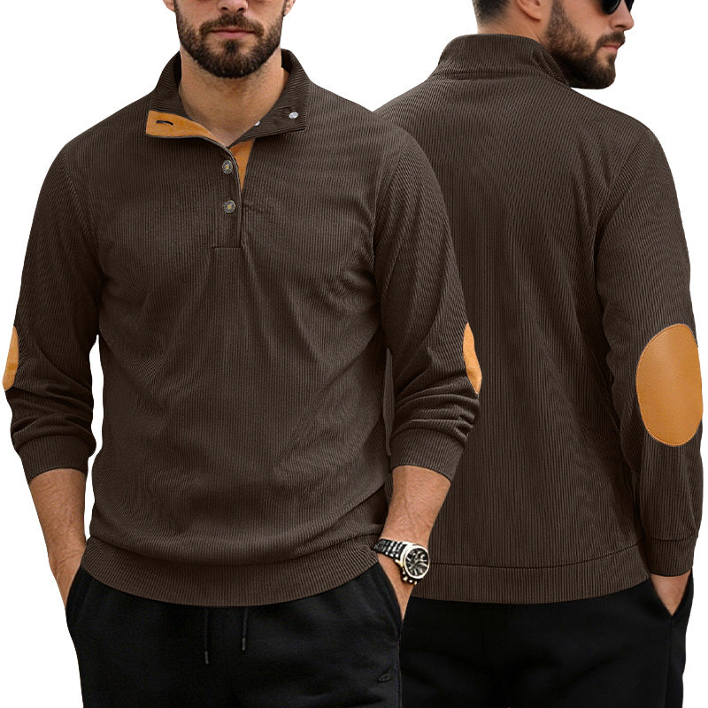Herren nan lässiger Strukturpullover mit Polokragen, kurzer Knopfleiste und veganen Lederbesätzen Echo Archiv