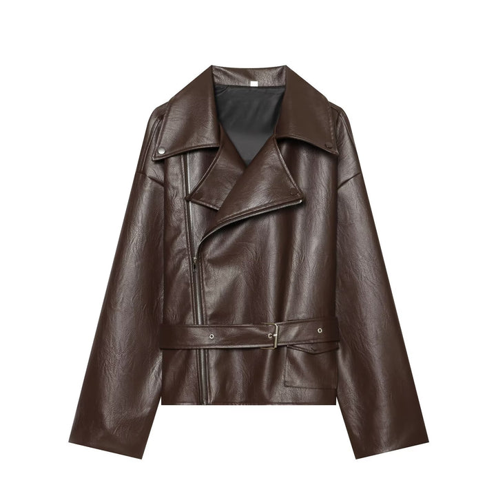 Damen Oversized Bikerjacke aus Kunstleder mit taillierendem Gürtel und asymmetrischem Reißverschluss Echo Archiv