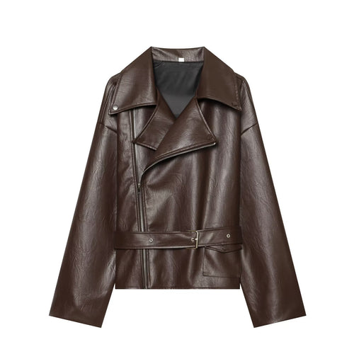 Damen Oversized Bikerjacke aus Kunstleder mit taillierendem Gürtel und asymmetrischem Reißverschluss Echo Archiv