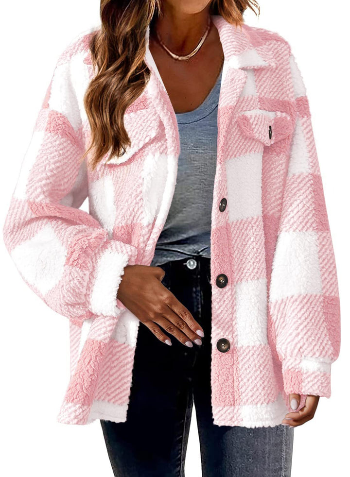 Damen nan kuschelige Sherpa-Karo-Übergangsjacke mit Brusttaschen und großzügigem Oversize-Schnitt Echo Archiv