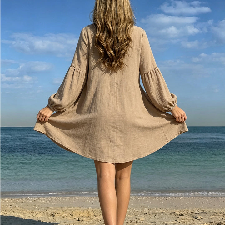 Damen lässiges Strandhemdkleid mit Knopfleiste und ballonförmigen Ärmeln Echo Archiv