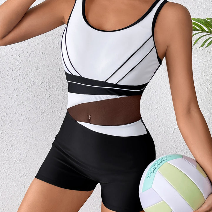 Damen Hochgeschlossener Sportbadeanzug mit modischem Netzdesign Echo Archiv