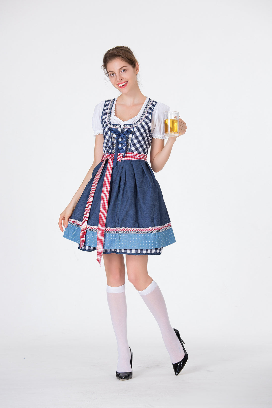 Damen nan traditionelles Trachten-Minikleid mit kariertem Schnürmieder, Puffärmelbluse und dekorativer Schürze Echo Archiv