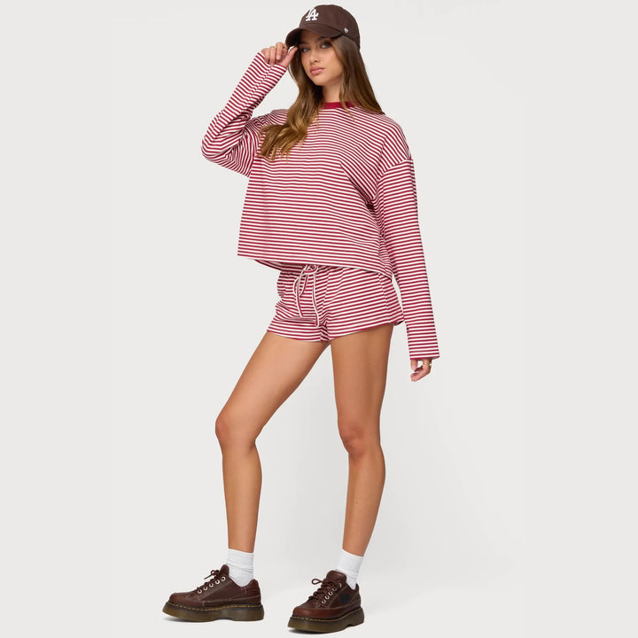 Damen Lässiges Streifen-Loungewear-Set mit langärmligem Oberteil und kurzer Hose Echo Archiv