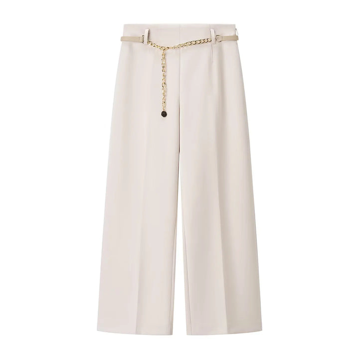 Damen weit geschnittene Highwaist-Hose mit Bügelfalte und abnehmbarem Schmuckketten-Gürtel – Avélisse