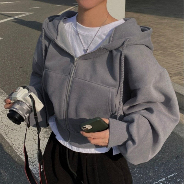 Damen oversized cropped Kapuzenjacke mit Reißverschluss und Ballonärmeln – Auréline