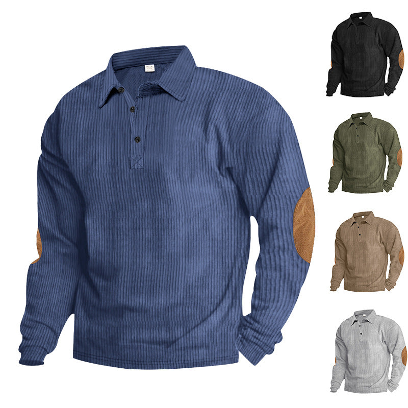 Herren lässiges Langarm-Henley-Shirt mit strukturiertem Rippenstoff und kontrastierenden Ellbogenpatches Echoarchiv