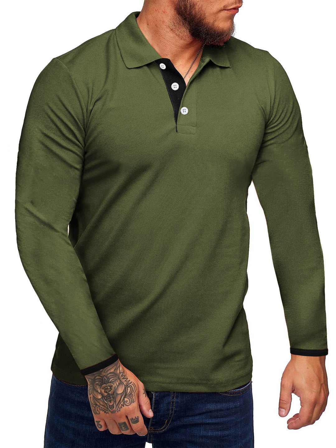 Herren Langarm-Polohemd mit kontrastierenden Knopfdetails Echoarchiv