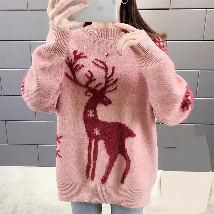 Damen Gemusterter Strickpullover mit Rentier-Jacquard, Rundhalsausschnitt und geripptem Saum – Mavelle