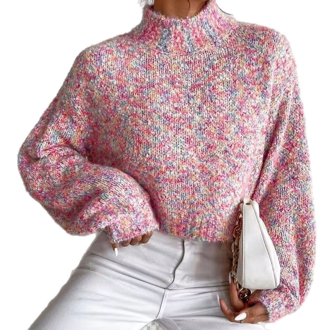 Damen Kurzgeschnittener Oversize-Pullover mit Stehkragen, mehrfarbigem Bouclé-Muster und Ballonärmeln – Mavelle