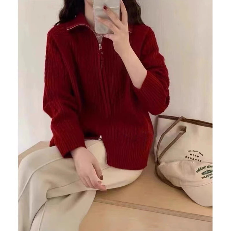 Damen Kastiger Zopfstrick‑Cardigan mit Zweiwege‑Reißverschluss, Stehkragen und breitem Rippsaum Echoarchiv